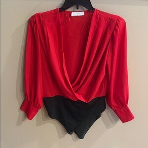 Red faux wrap long sleeve bodysuit blouse long sleeves cuffed drape front large